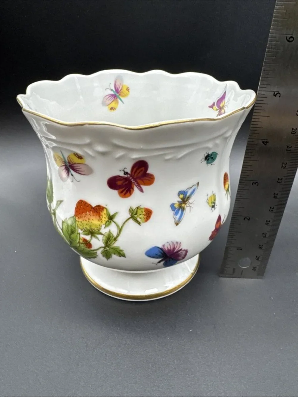 VTG Ardalt Lenwile #6166 Strawberry Butterfly Insect Cachepot Planter 5” Japan
